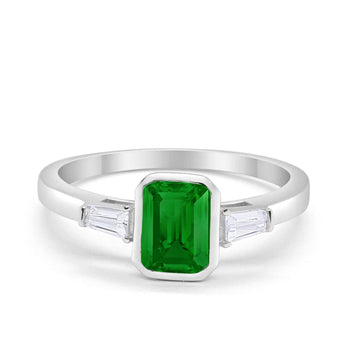 Three Stone Baguette Engagement Ring Simulated Green Emerald CZ 925 Sterling Silver